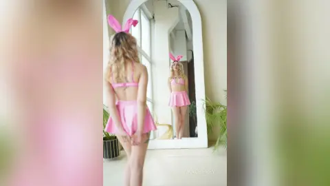 Blonde woman in a pink bunny costume posing in front of a mirror in a bright, minimalist room.