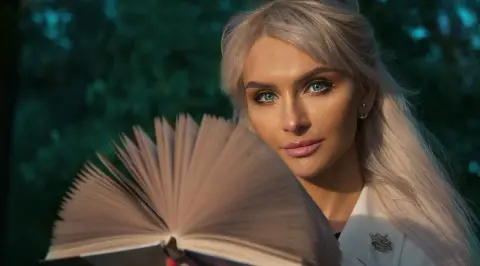 Blonde woman in white outfit reading an open book in a dreamy, cinematic forest setting.