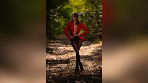 AnaMathers stands in a forest wearing a red blazer and black lace tights.
