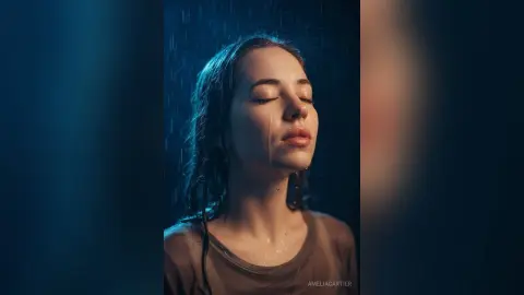 Serene young woman with wet hair closing her eyes under falling rain in a moody, cinematic blue atmosphere.