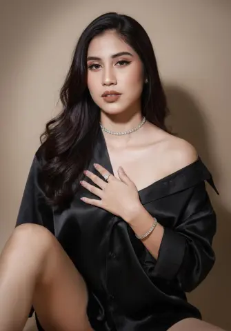 Elegant woman in a black satin shirt and silver jewelry posing against a neutral studio background.