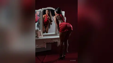 Elegant Black woman in a red cocktail dress posing before a vintage vanity mirror in a moody studio setting.