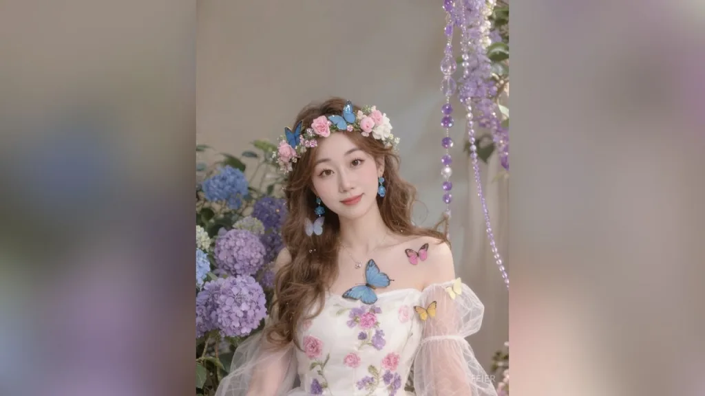 feier — feier wears a floral crown and a white butterfly dress while posing in front of purple flowers.