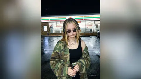 JaimieBez wears sunglasses and headphones while standing outside a convenience store at night, wearing a black tank top and a camouflage jacket.