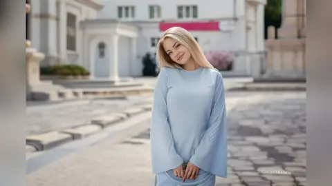 AshlieBridge poses outdoors in a light blue long-sleeved top with flared sleeves, tilting her head and smiling with her blonde hair down.