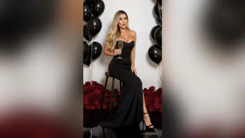 Elegant woman in a black evening gown holding champagne near black balloons and red roses for a glamorous party.