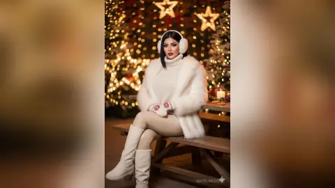 Stylish woman in white winter outfit and earmuffs sitting by a glowing Christmas tree in a cozy festive setting.