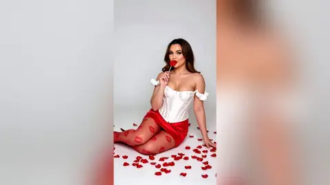 Glamorous woman in a white corset and red skirt sitting amidst red rose petals in a romantic studio setting.