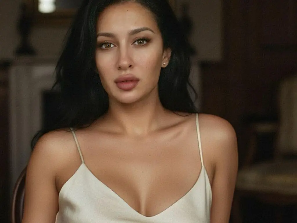 VanisBlack poses with long dark hair wearing a white camisole top with thin straps, looking directly at the camera.