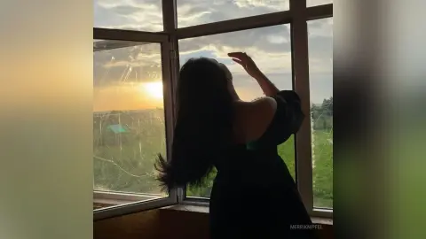 Moody silhouette of a woman in a black dress looking out a window at a golden sunset over a green field.