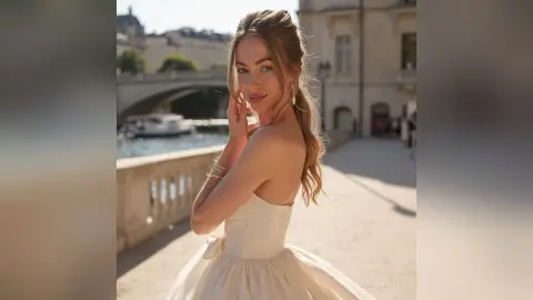 Elegant woman in a white strapless gown posing on a sunny Parisian bridge during golden hour.