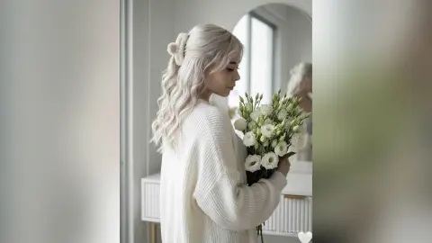 Dreamy portrait of a blonde woman in a cozy white sweater holding a bouquet of white flowers in a bright room.