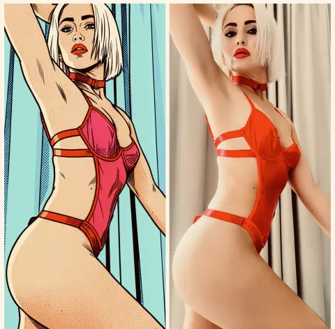 Luana_Colucci poses in a red cutout bodysuit, showing her blonde bob hair and side profile against a light curtain background.