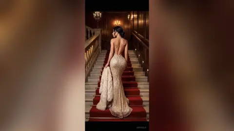 Elegant woman in a sparkling gold mermaid gown descending a grand staircase in a luxury mansion.