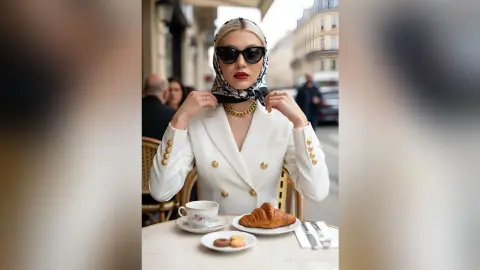 Elegant woman in white blazer and headscarf enjoying coffee at an outdoor Parisian cafe.
