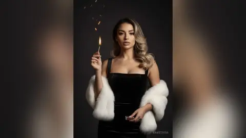 Elegant woman in a black velvet dress and white faux fur stole holding a lit match against a dark background.