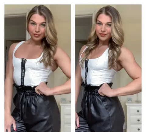 British_EmJess poses in a white zip-up tank top and black leather trousers with a drawstring waist.