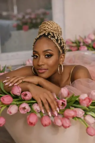 Beautiful Black woman with blonde braided updo posing in a pink tulle dress amidst pink tulips.