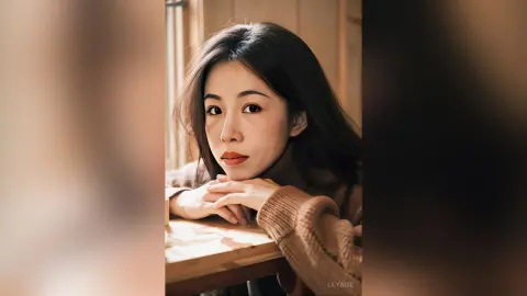 Young woman in a cozy brown sweater leaning on a wooden table in a warm, moody indoor setting.