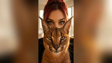 Close-up portrait of a woman with red hair peering over a large wild cat in a warm, moody indoor setting.