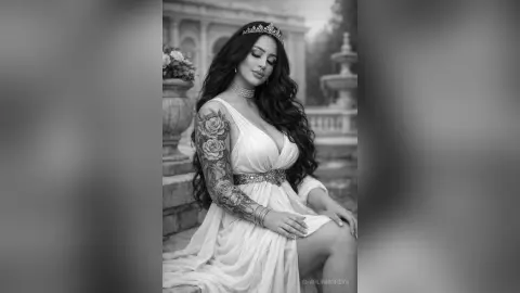 Elegant woman in a white gown and crown sitting in a garden setting, black and white portrait photography.