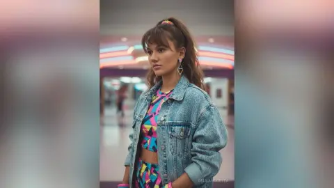 Young woman in a denim jacket and colorful patterned top posing in a neon-lit retro arcade setting.