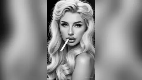 Glamorous blonde woman with wavy hair smoking a cigarette in a moody black and white portrait.