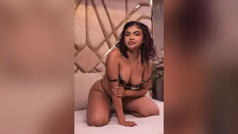 Young woman in black lace lingerie posing on a bed in a cozy, dimly lit bedroom setting.