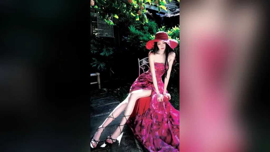 GuanshiSun — GuanshiSun wears a red floral dress and a wide-brimmed hat while posing outdoors in a garden.