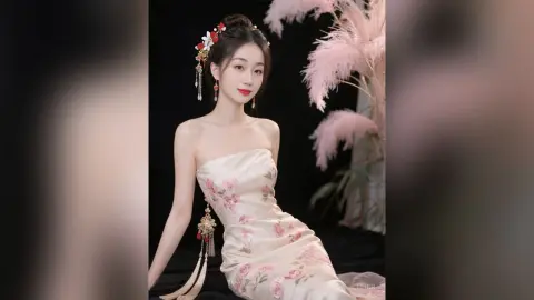 Elegant woman in a floral strapless traditional Chinese dress with ornate hair accessories against a dark backdrop.
