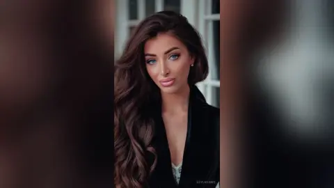 Elegant woman with long wavy brown hair wearing a black velvet blazer in a bright indoor setting.