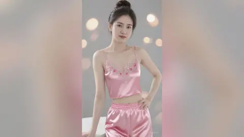 Young woman in pink satin camisole and shorts loungewear set posing in a soft, dreamy studio setting.