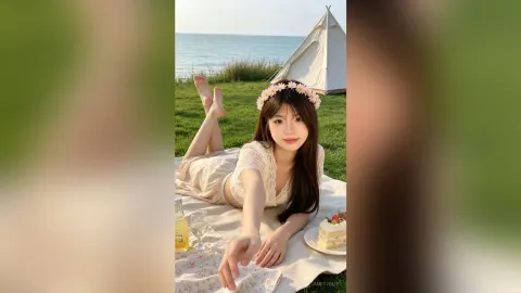 JanetJolie — JanetJolie lies on a picnic blanket in a white lace dress and flower crown by the ocean.
