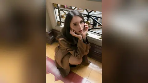 ValentinaGarcez crouches low in a brown coat, resting her chin on her hands while looking up at the camera in a hallway setting.