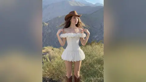 Young woman in white boho romper and brown cowboy hat posing in a scenic mountain landscape.