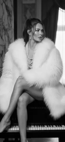 Elegant woman in a white faux fur coat and pearl necklace sitting on a piano in a moody black and white setting.