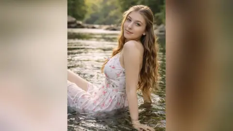 Young woman in a floral sundress relaxing in a serene forest river during golden hour.