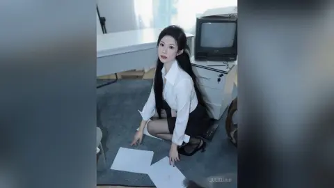 Elegant woman in a white button-down shirt and black skirt sitting on a floor in a minimalist office setting.