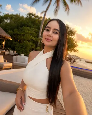 Smiling woman in a white halter dress enjoying a sunset on a tropical beach resort deck.
