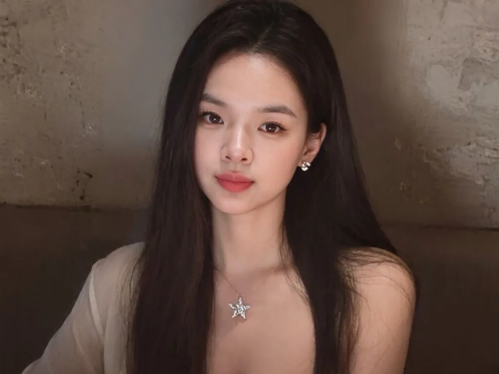 SuYi with long dark hair wears a sheer white top and a silver star necklace while looking at the camera.