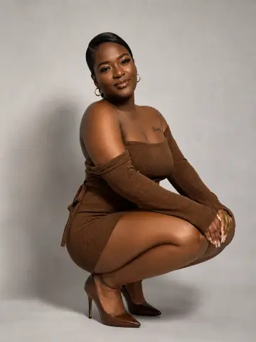Smiling Black woman in a brown ribbed off-the-shoulder dress and heels posing against a neutral studio background.