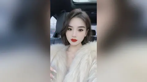 Elegant woman in a white faux fur coat posing inside a car with a glamorous makeup look.