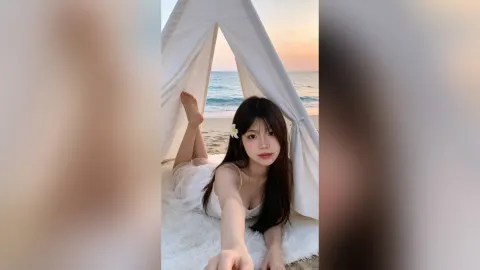 JanetJolie — JanetJolie lies on a white rug under a beach tent wearing a white lace dress with a flower in her hair.
