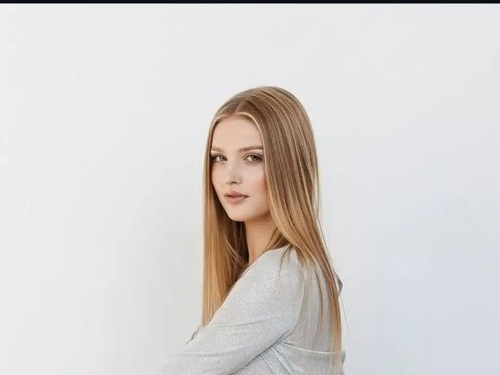 Blonde woman in a shimmering silver sequin top posing against a clean white background with a serene expression.