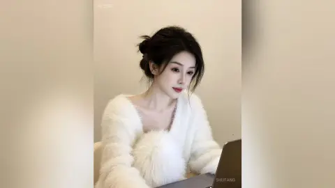 Elegant woman in a cozy white faux fur sweater looking thoughtfully in a minimalist indoor setting.