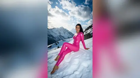 Woman in a shiny pink bodysuit sitting on snowy mountains under a bright blue sky.