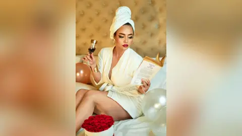 Relaxed woman in a white robe and hair towel reading a book and holding red wine on a bed.