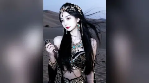 Elegant woman in ornate gold fantasy costume and jewelry posing in a desert landscape.