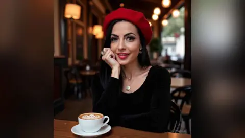 Elegant woman in a black top and red beret enjoying coffee in a cozy cafe setting.
