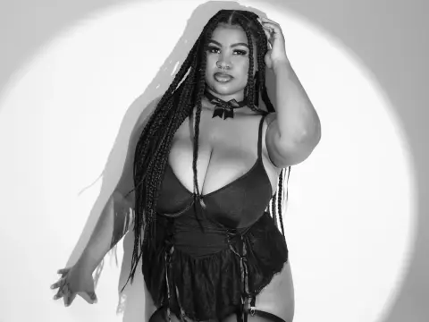 Curvy woman with long braids wearing black lace lingerie in a moody black and white studio portrait.